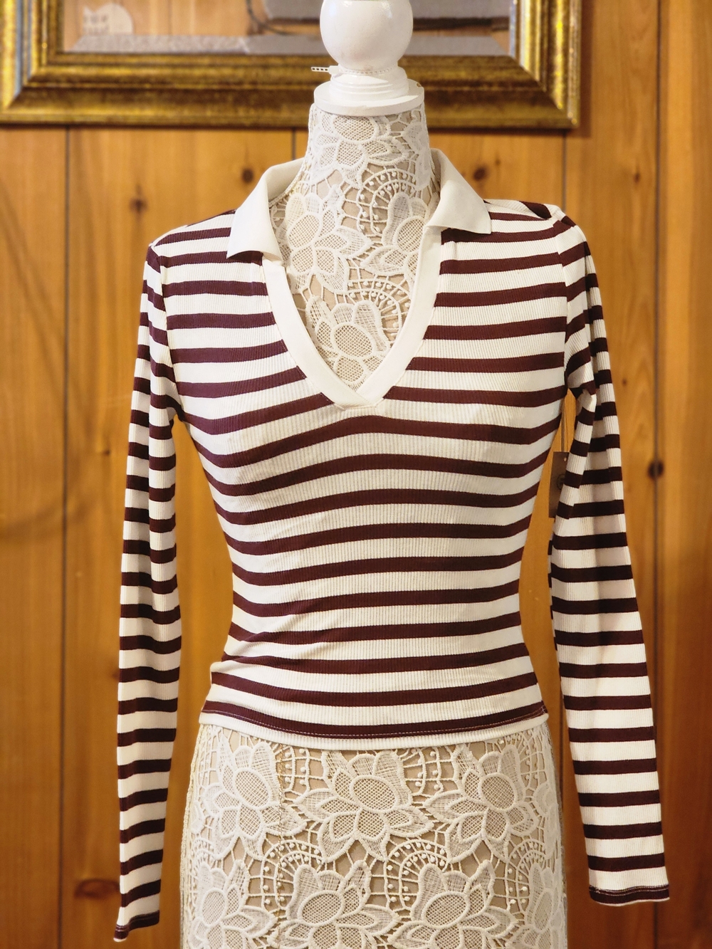 No Boundaries Burgundy and Cream Striped V-Neck Long Sleeve Top